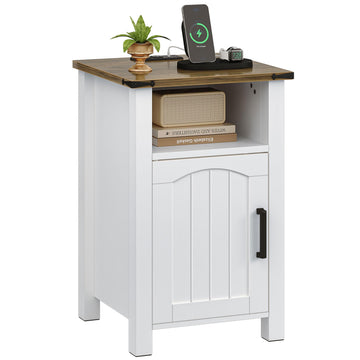 Farmhouse Nightstand with Charging Station, White