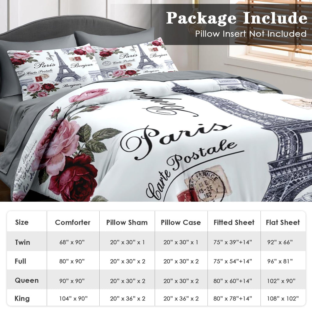 King Comforter Set with Sheets, 7 Pieces Paris Vintage Bedding