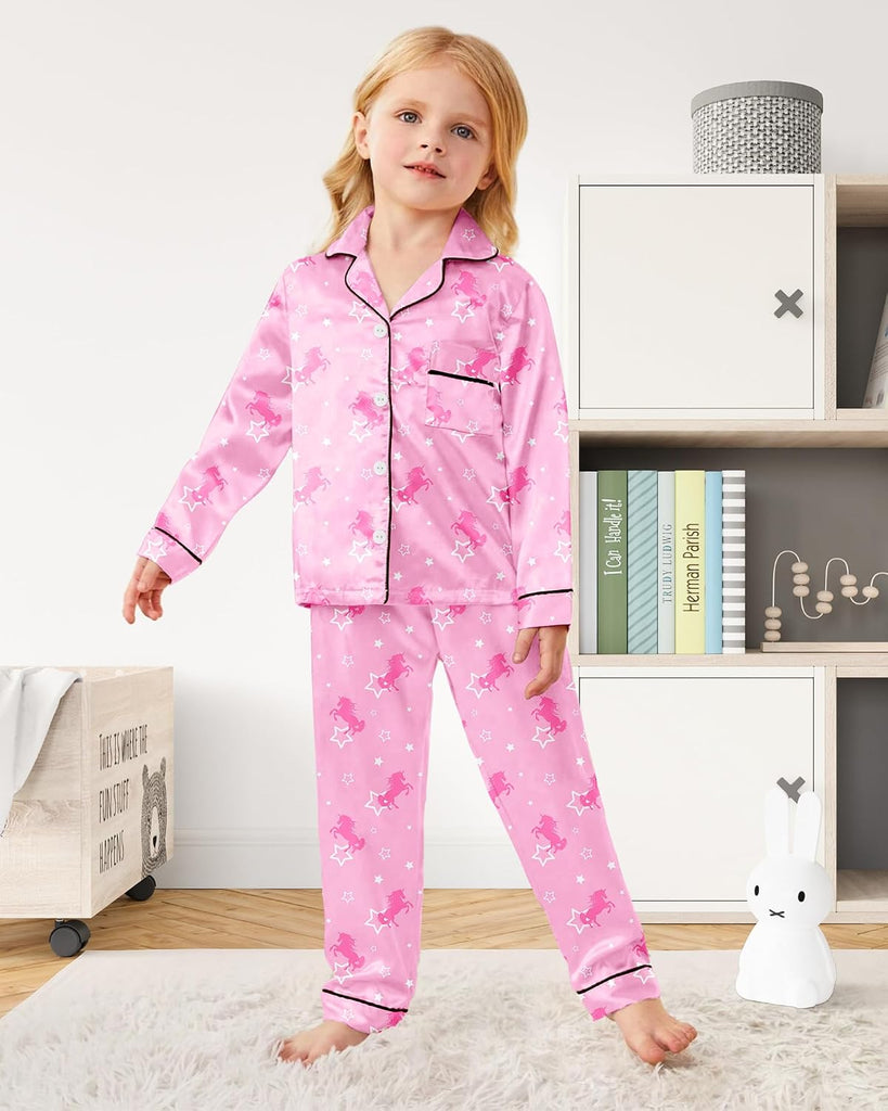 Satin Pajamas for Girls Silky Button-Down Sleepwear Unicorn Nightwear Loungewear PJS Clothes Set Gifts for Kids