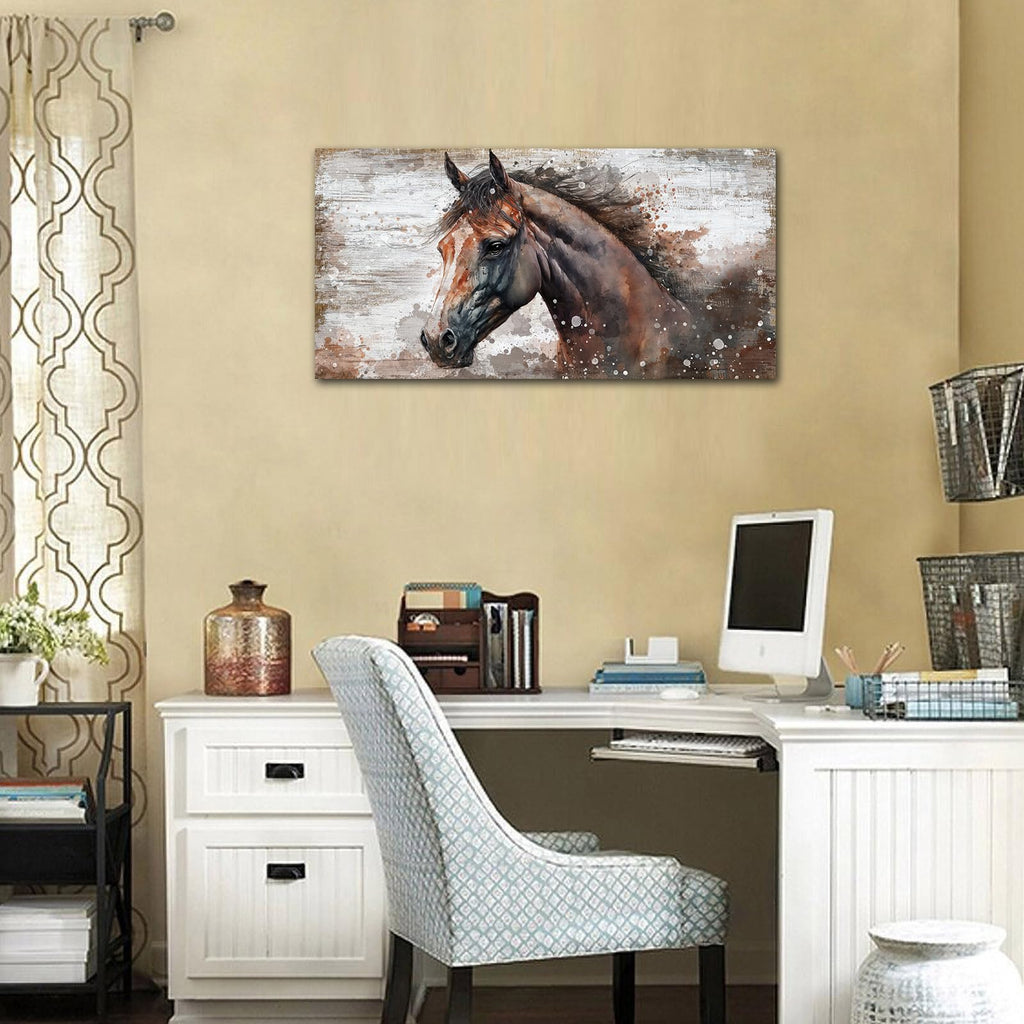 Large Horse Canvas Wall Art - Brown Horse Picture for Wall Decor Rustic Wood Plank Effect Canvas Painting Animal