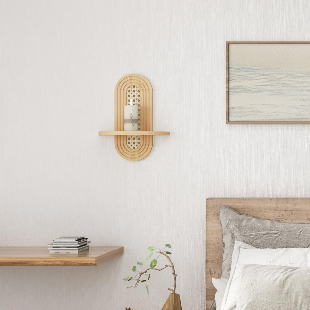 Boho Rattan Wall Shelf, Arch Plant Floating Shelf for Wall Decor, Boho Wooden Wall Art, Farmhouse Hanging Display