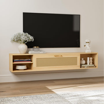 Floating TV Stand with Rattan Door and Large Storage TV Shelfs, Wood