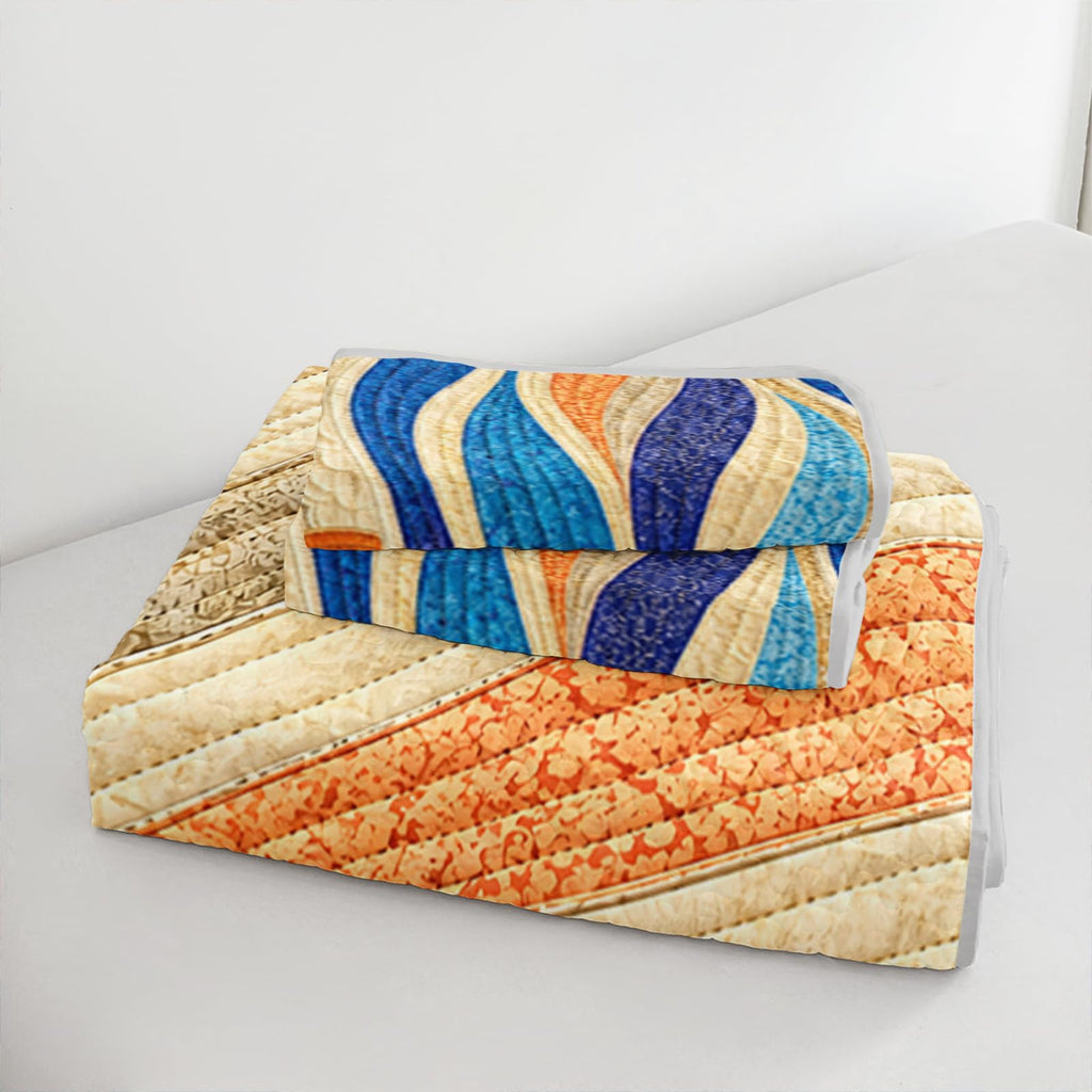 Retro Sun Ocean Wave Quilt Sets with 2 Pillowcases.