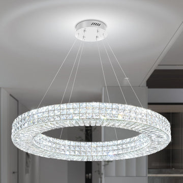 Dia 32" Ring Crystal Chandelier Modern Silver Ring Chandelier Adjustable Height Luxury Crystal Pendant Ceiling Light Fixture for Dining Living Room Bedroom A122-B0CJ57MN6J
