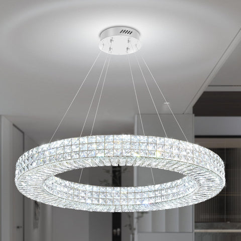 Dia 32" Ring Crystal Chandelier Modern Silver Ring Chandelier Adjustable Height Luxury Crystal Pendant Ceiling Light Fixture for Dining Living Room Bedroom A122-B0CJ57MN6J