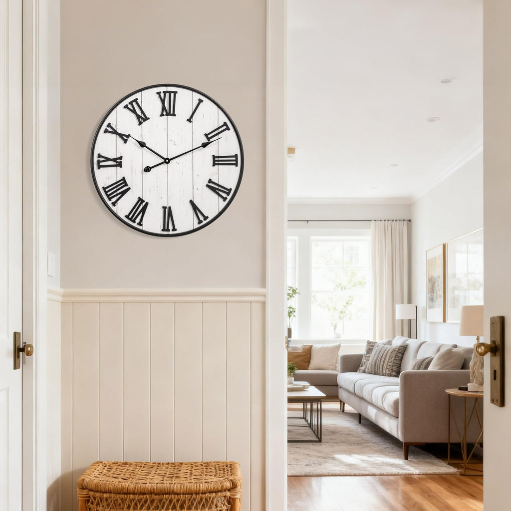 Large Rustic Wooden Wall Clock, 24 Inch Whitewashed Farmhouse Wall Clock with Carved Roman Numerals, Silent Battery