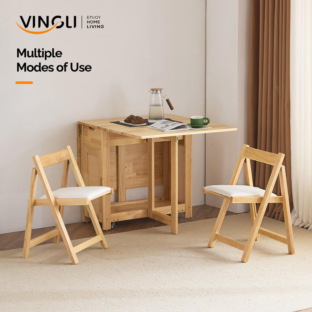 5-Piece Folding Dining Table Set, Extendable Drop Leaf Solid Wood Table with 4 Chairs, Drawers & Wheels, Space-Saving