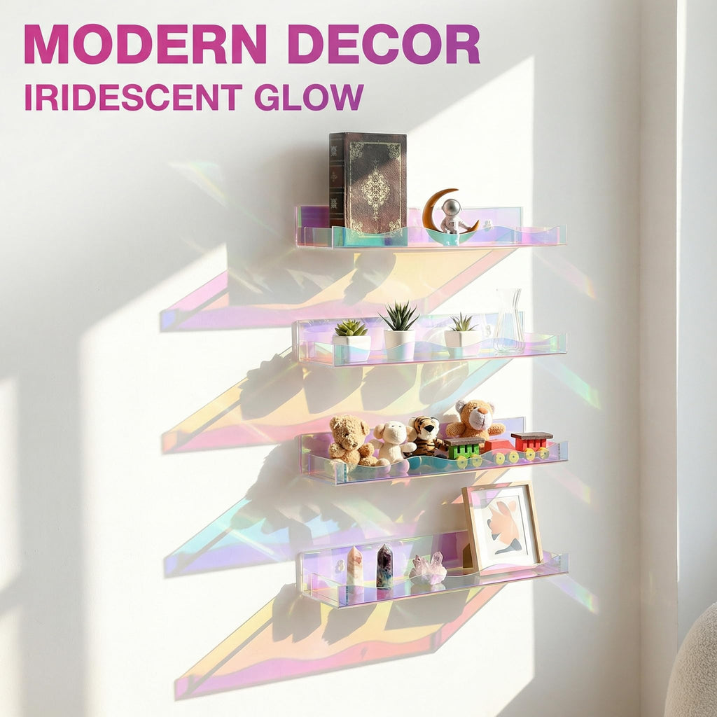 4 Pack 15" Iridescent Acrylic Floating Shelves, Wall Mounted Floating Bookshelf Organizer for Room, Clear Nail Polish