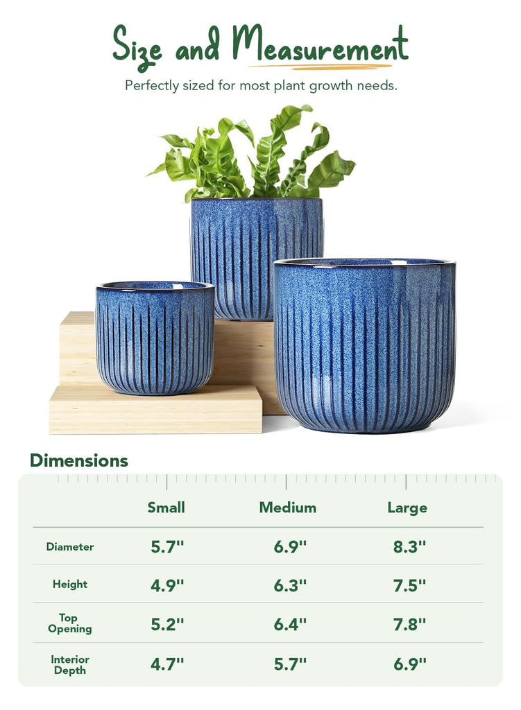 Ceramic Plant Pots, 8.3/7/6 Inch Indoor Planters with Drainage Holes & Mesh, Modern Glossy Glaze Cylinder Fluted