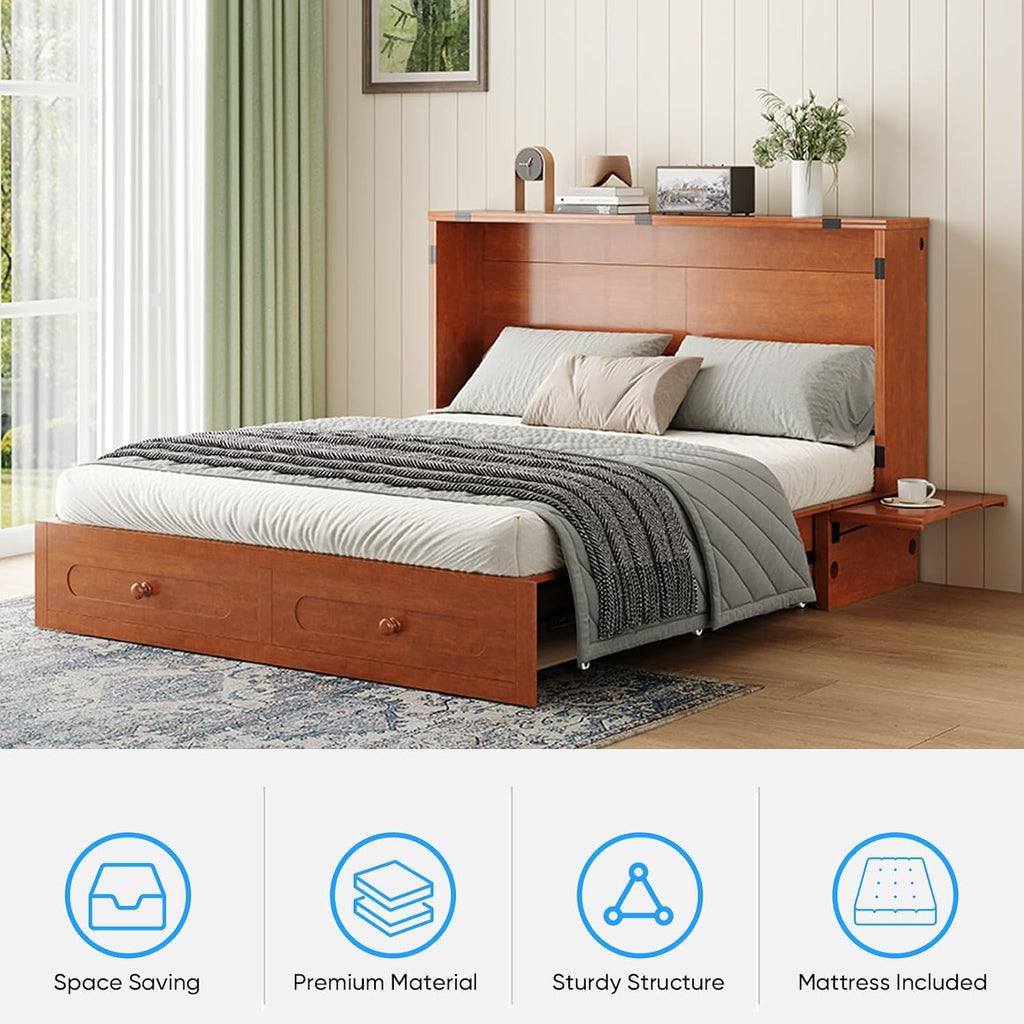 Queen Murphy Bed with Mattress Included, Folding Convertible Bed, Hideaway Cabinet Bed with Storage Drawer & USB