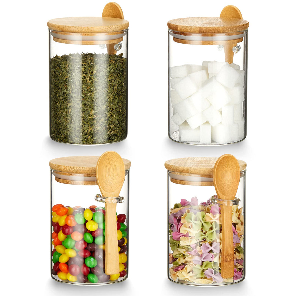 Set of 4 Airtight Glass Jars with Bamboo Lids & Spoons, 17 oz Borosilicate Overnight Oats Containers with Lids, Clear