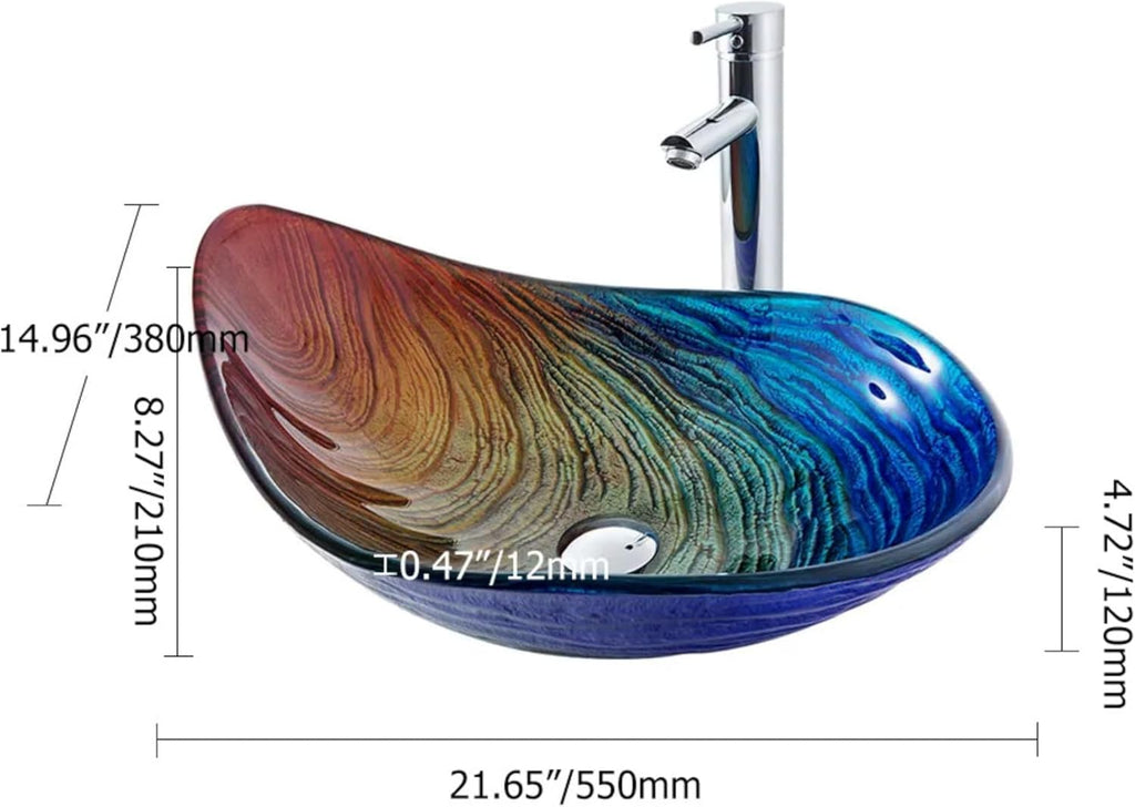 Vessel Sink, 21.6" Bathroom Sink Multicolor Irregular Teardrop Glass Bowl Sinks for Countertop Washbasin