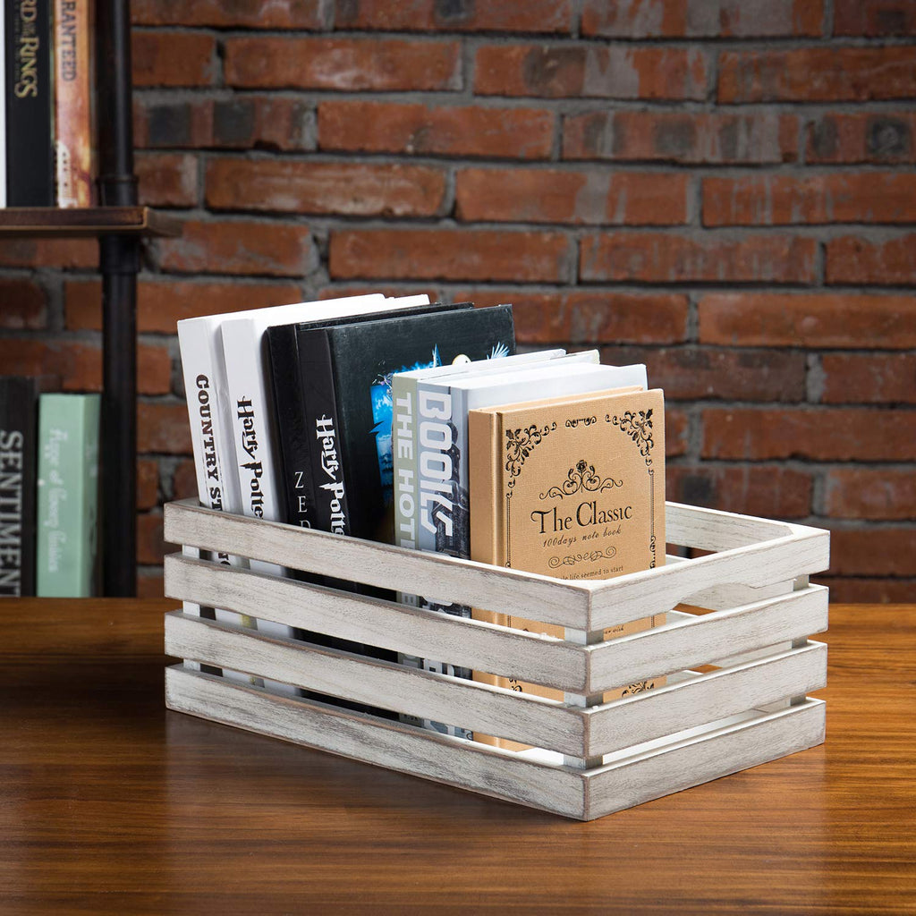 16 and 14 Inch Shabby White Washed Solid Wood Nesting Decorative Storage Crates, Vintage Farmhouse Wooden Stackable