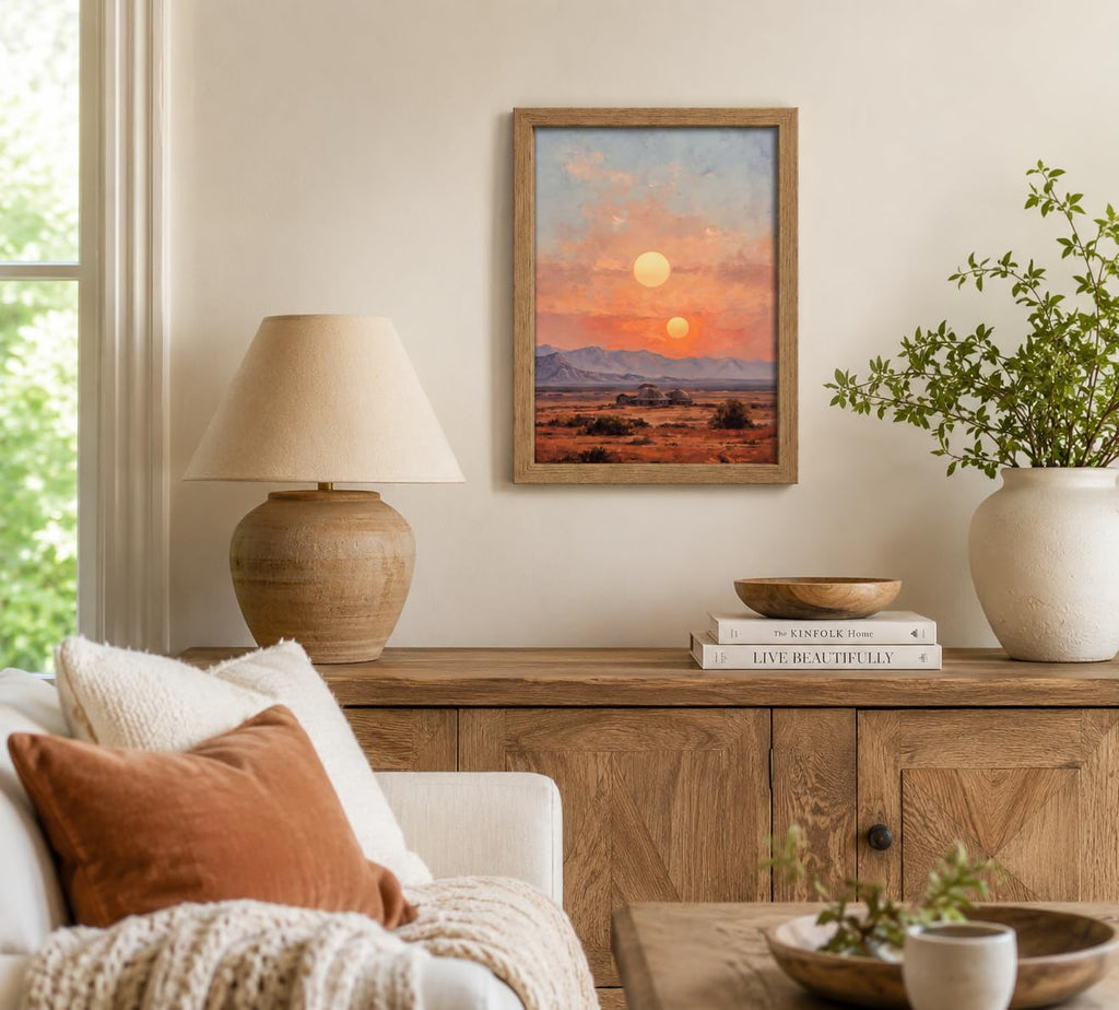 Framed Dual Sun Desert Sunset Western Landscape Canvas Wall Art