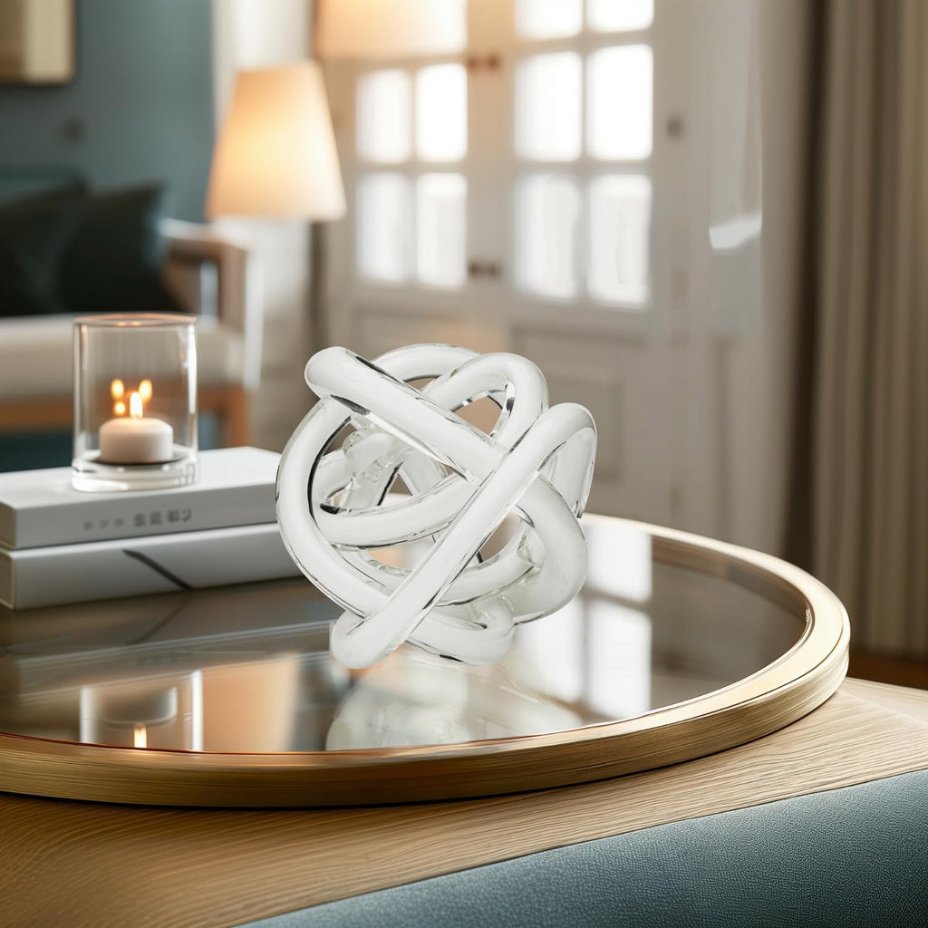 Orbit 4.5" Hand Blown White Glass Knot Sculpture, Table Decor