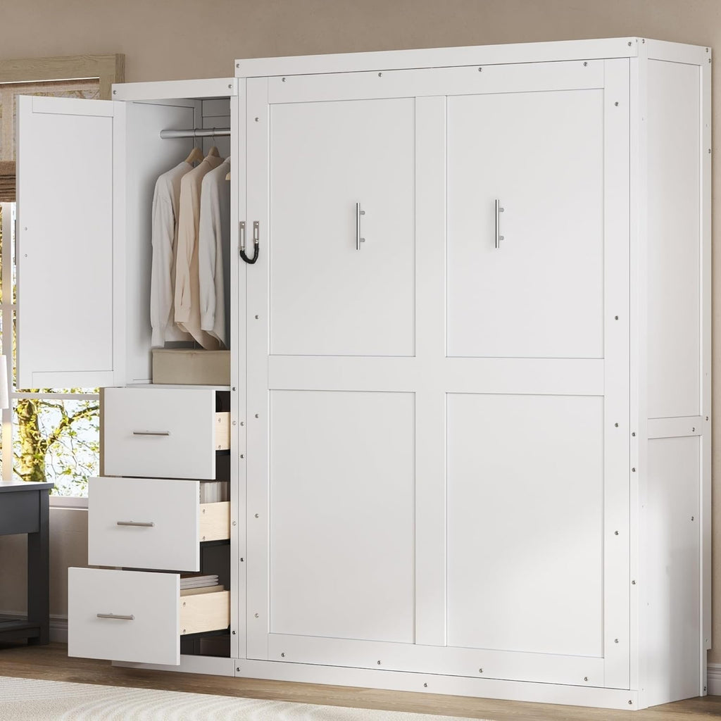 Full Murphy Bed with Drawers and Wardrobe,Multifunctional Foldable Wood Platform Bed Frame for Small Spaces Studio