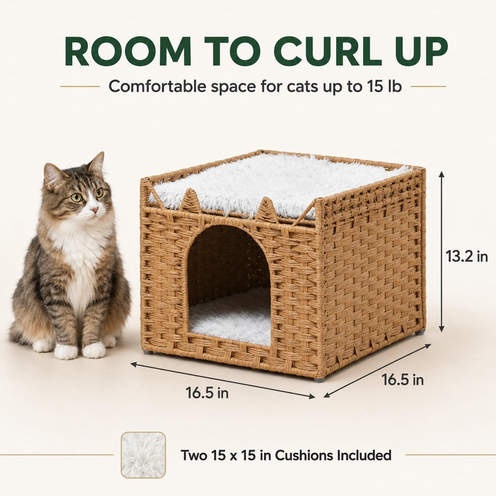 Handwoven PE Rattan Cat Bed with Ears, 2-Level Indoor Cat Cave House with 2 Removable Cushions, Foldable Hideaway