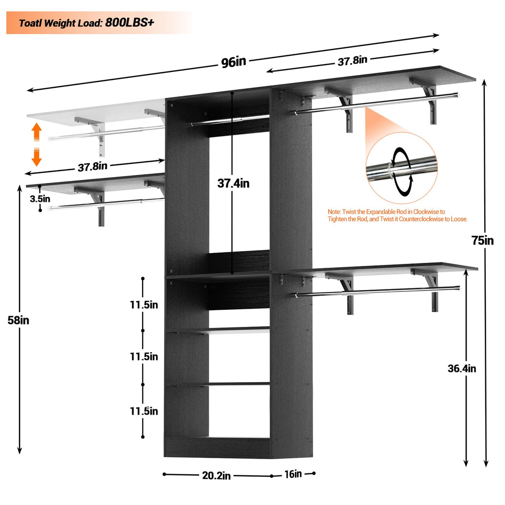 8FT Closet System with 3 Wooden Storage Shelves, 96'' Closet Organizer System with 3 Hanging Rods, Wall Mount Bedroom
