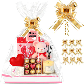 10pcs Extra Large Cellophane Bags 50x60in with 10pcs Large Gold Bows For Gift Baskets, Jumbo Big Clear Cellophane