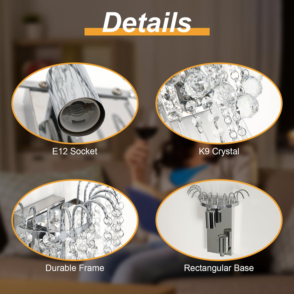 Crystal Wall Sconces, 11.8x7 Inch Chrome Wall Sconce Luxury Crystal Drops Shade Wall Light, E12*2 Socket Modern