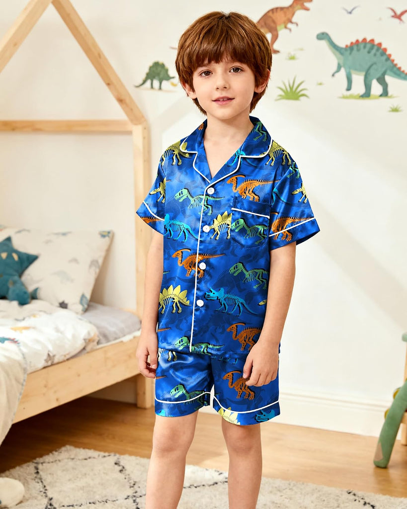 Boys Pajamas Toddler Little Boys Silky Satin Pajamas Button Down Short Sleeve & Shorts Pjs Set Kids Sleepwear