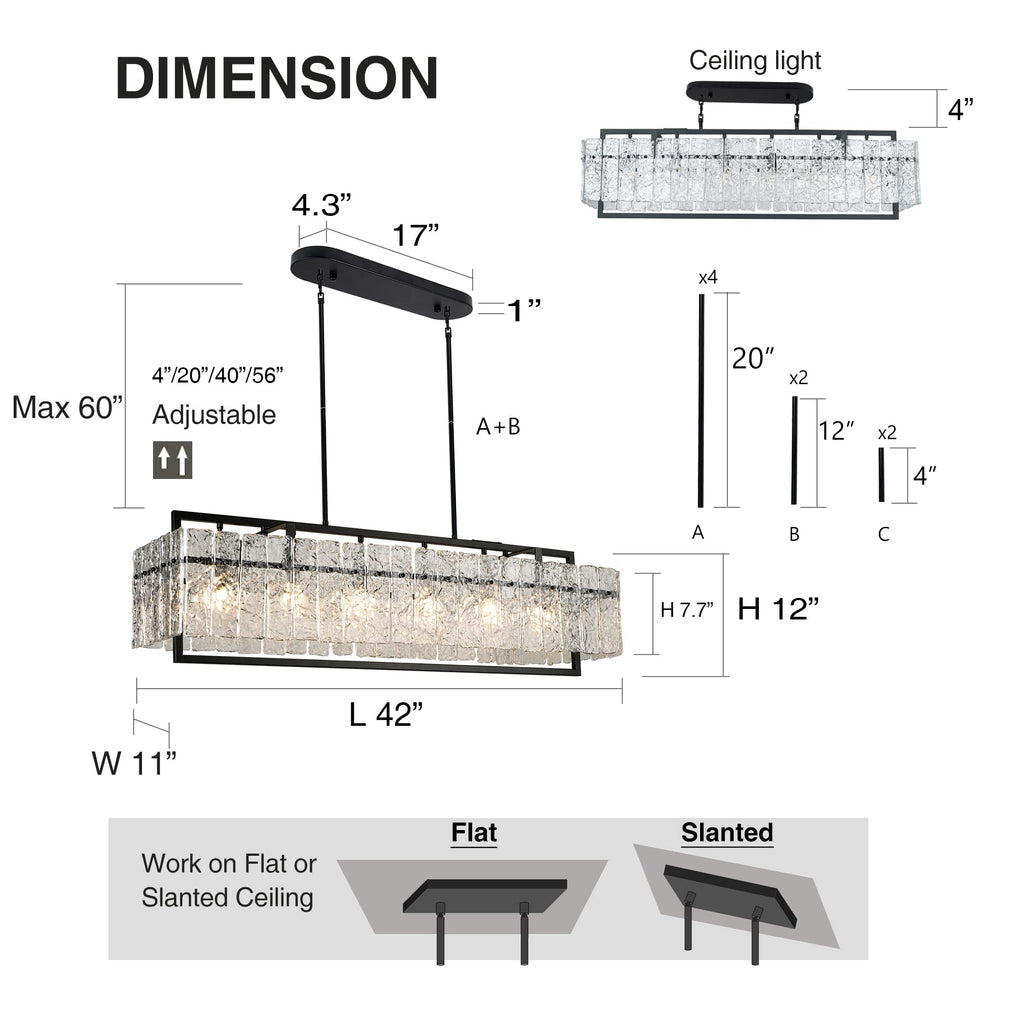 Modern Rectangle Black Crystal Chandeliers, 42" Large Rectangular Water Ripple Glass Island Light Fixture, Linear