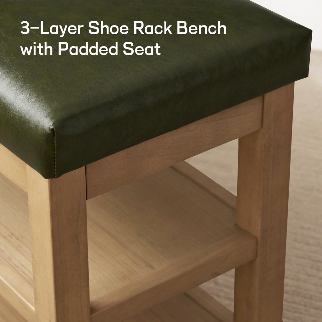 Shoe Rack Bench with Leather Cushion, 2 Tier Solid Wood Storage Bench, Mid-Century Modern Shoe Bench, Closet, Front