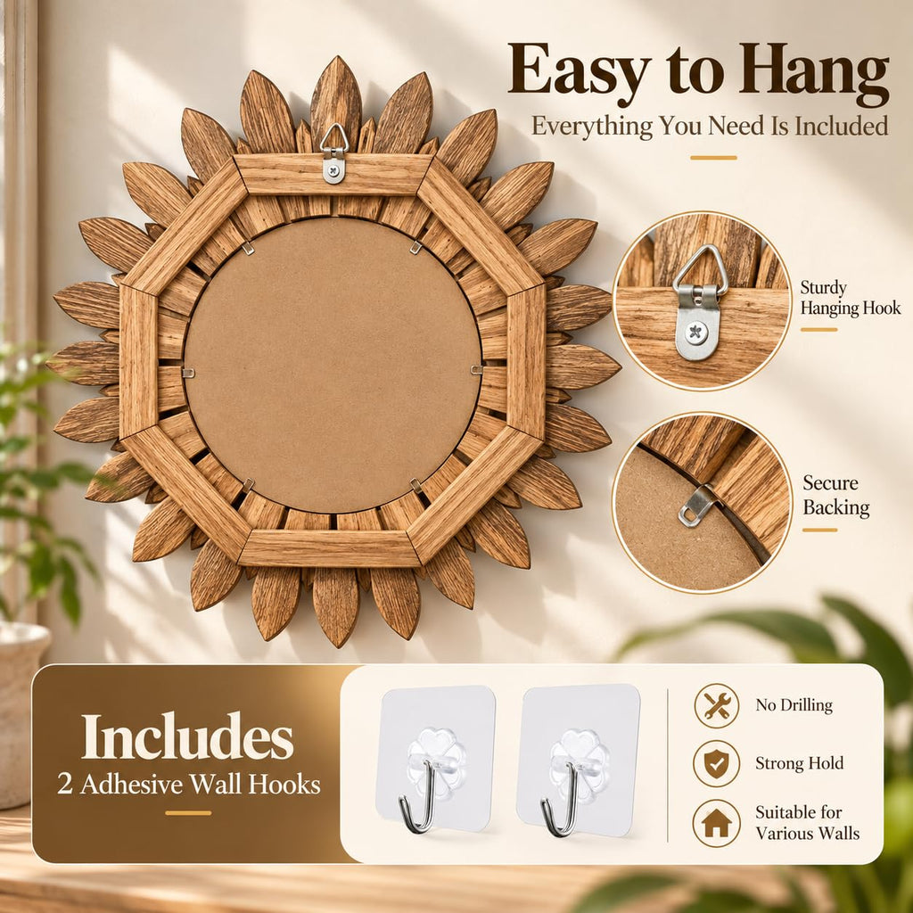Sunburst Mirror, Solid Wood Boho Wall Mirror with Rustic Natural Brown Finish, Decorative Round Accent Mirror