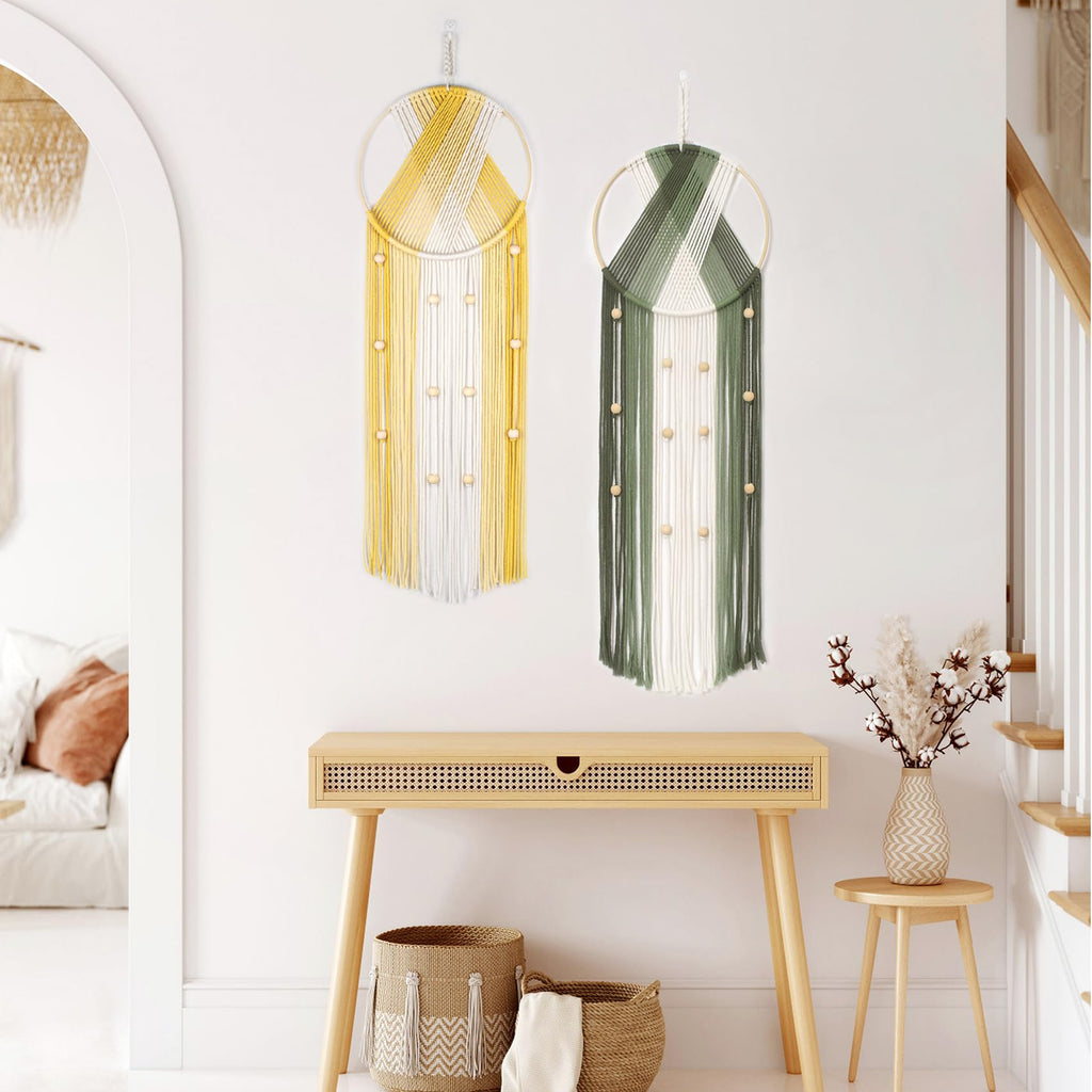 LB 2Pc Boho Macrame Wall Hanging Modern Aesthetic Wall Decor Green and Yellow Hand Woven Cotton Macrame Wall Art with