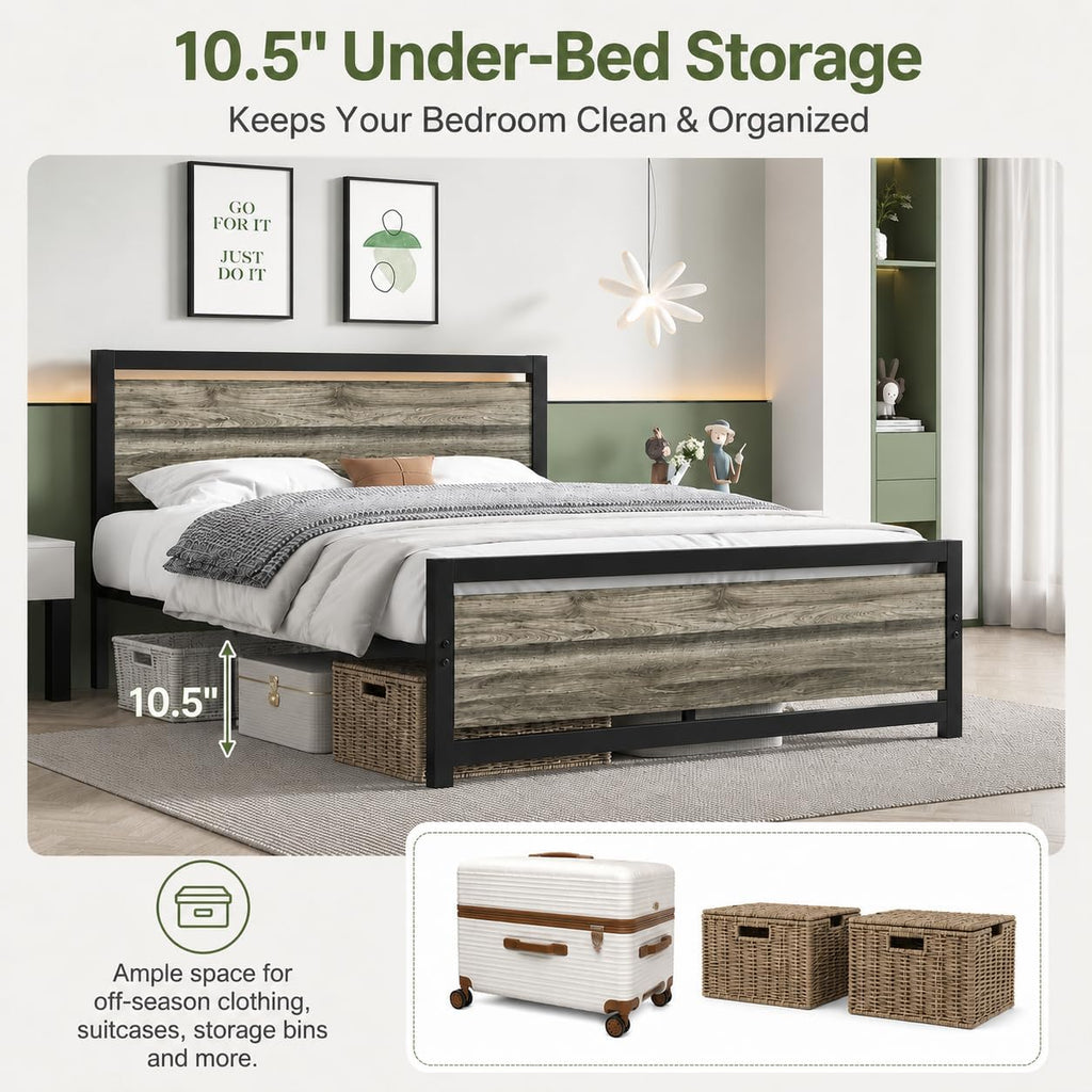 Full Bed Frame with Headboard, Under-Bed Storage, Wash Grey