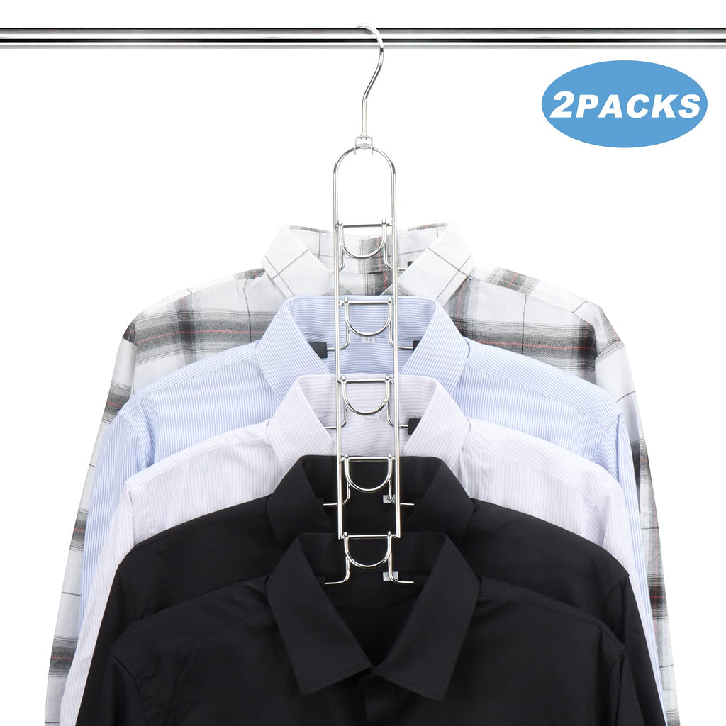 Space Saving Clothes Hangers, Multilayer Metal Hanger 2 Pack 5 in 1 Space Saver Coat Hangers, Anti-Slip Foam Padded