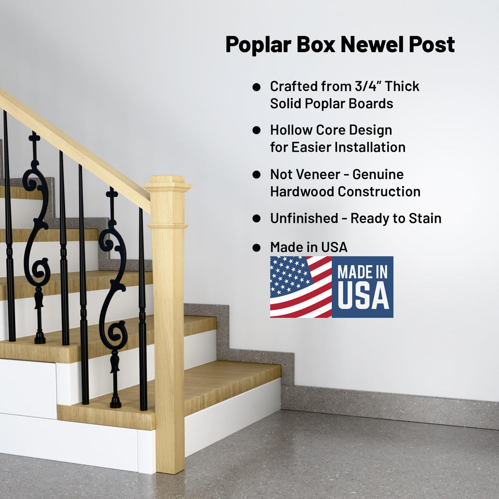 Poplar Box Newel Post 3.5" x 58", Hollow Box Newel Wood Balusters for Staircase Interior, Square Design, 3⁄4" Thick