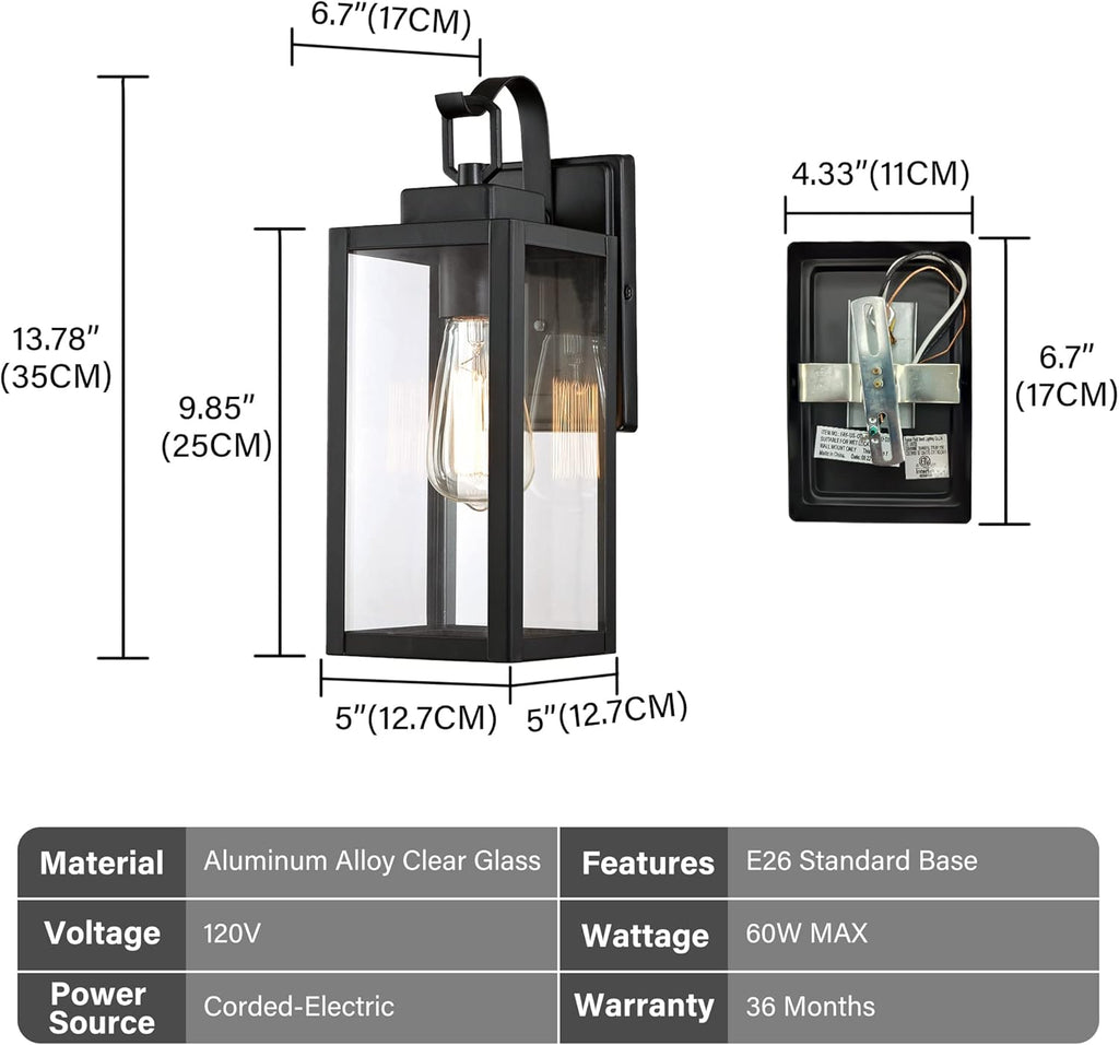 Outdoor Wall Lights, Matte Black Exterior Light Fixture with Clear Glass Shade, Waterproof Front Porch Lighting