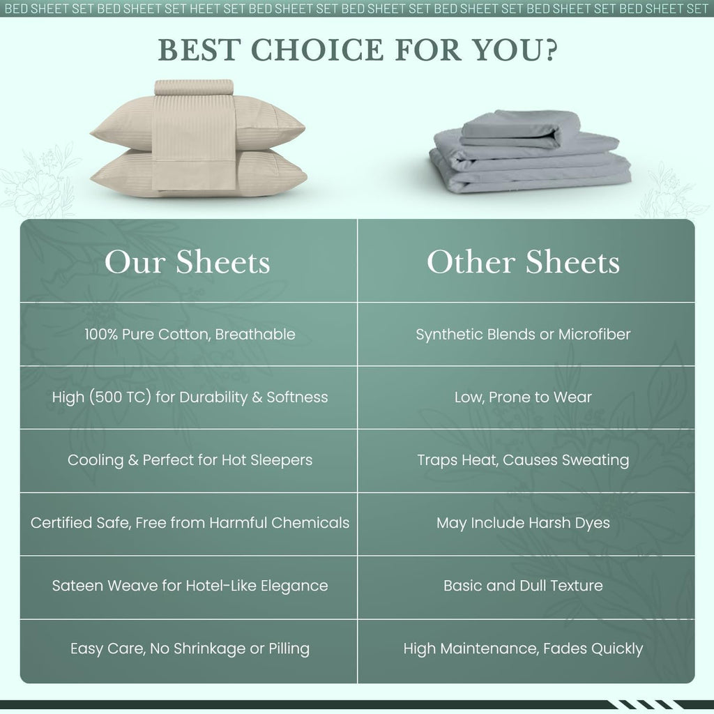 & Stitch 500 TC Queen Damask Bed Sheet Set, 100% Cotton Soft Breathable Bedsheets, 4 Piece 18" Deep Pockets