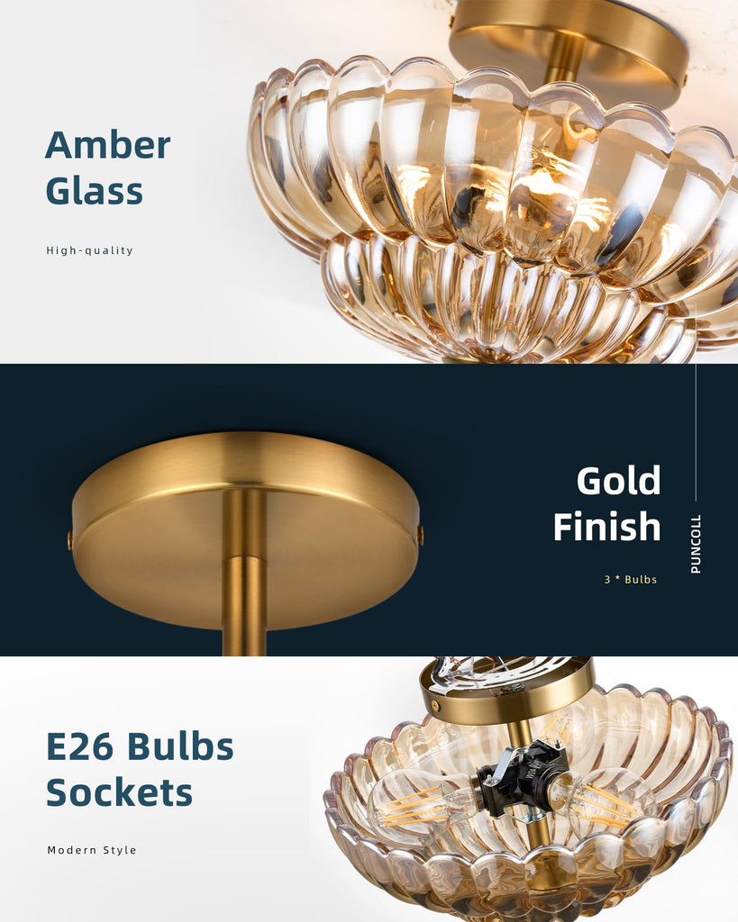 3-Light 12 Inch Amber Semi Flush Mount Ceiling Light
