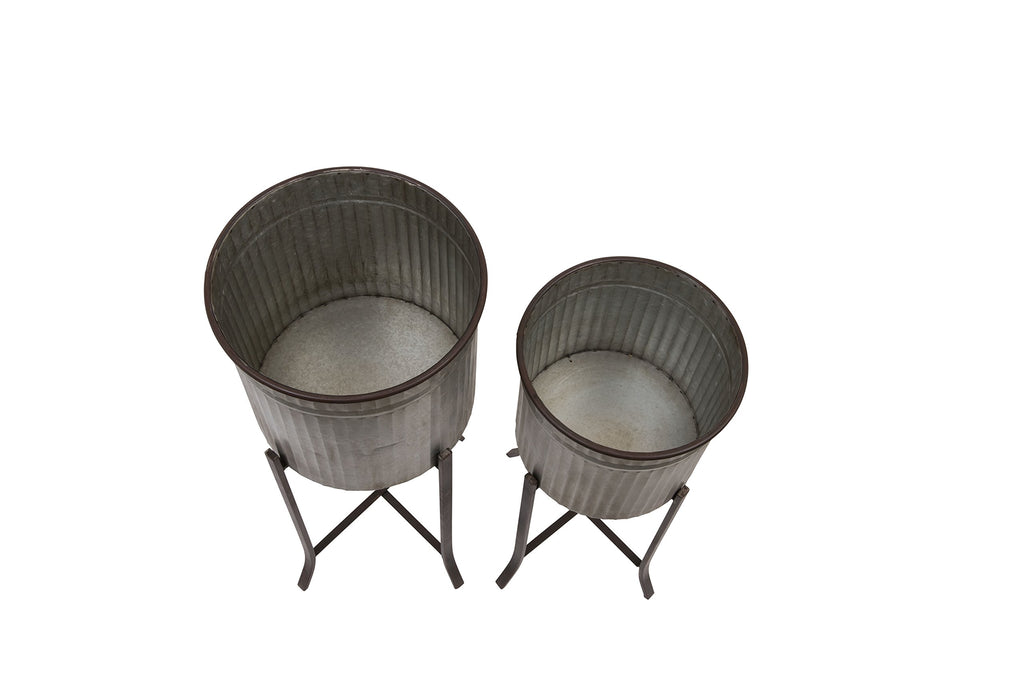 2‐Piece Round Corrugated Metal Planters on Stands, Silver and Black
