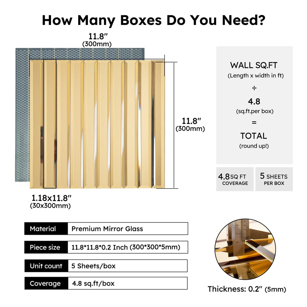 Beveled Mirror Backsplash Tiles, Gold Strip, 12x12 Inch, Mirror TIile Accent Wall, Pack of 5 Sq.ft