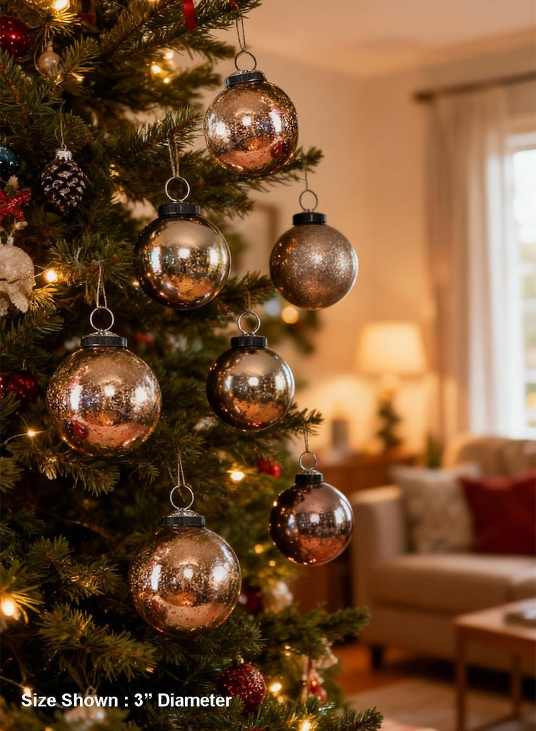 Set of 6 Copper Bronze Mercury Glass Christmas Ball Ornament for Window Box, Decorative Ornaments for Holiday Décor