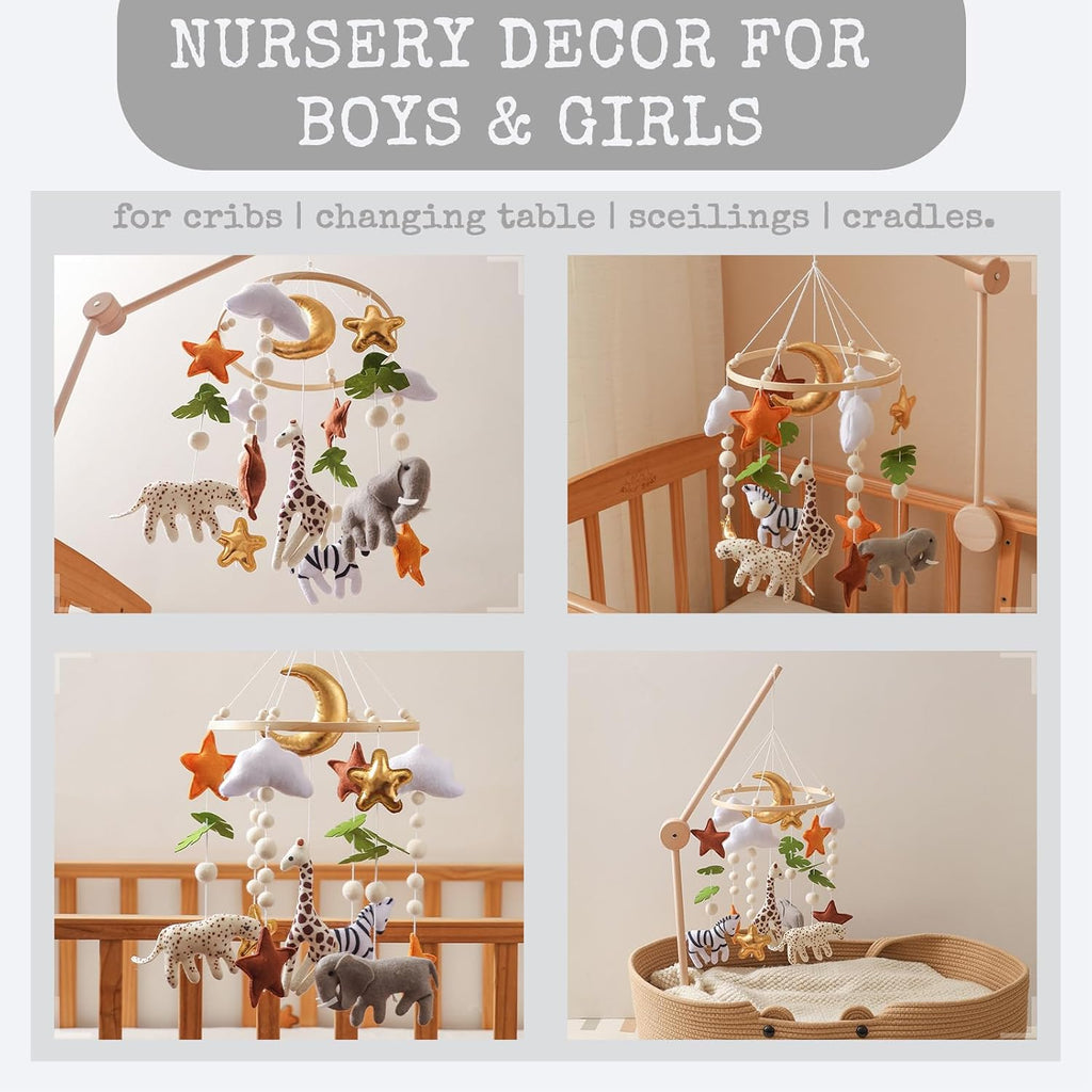 Baby Crib Mobile - Felt Safari Animals Hanging Mobile - Giraffe Elephant Zebra Ceiling Decor for Boys Girls - Gold