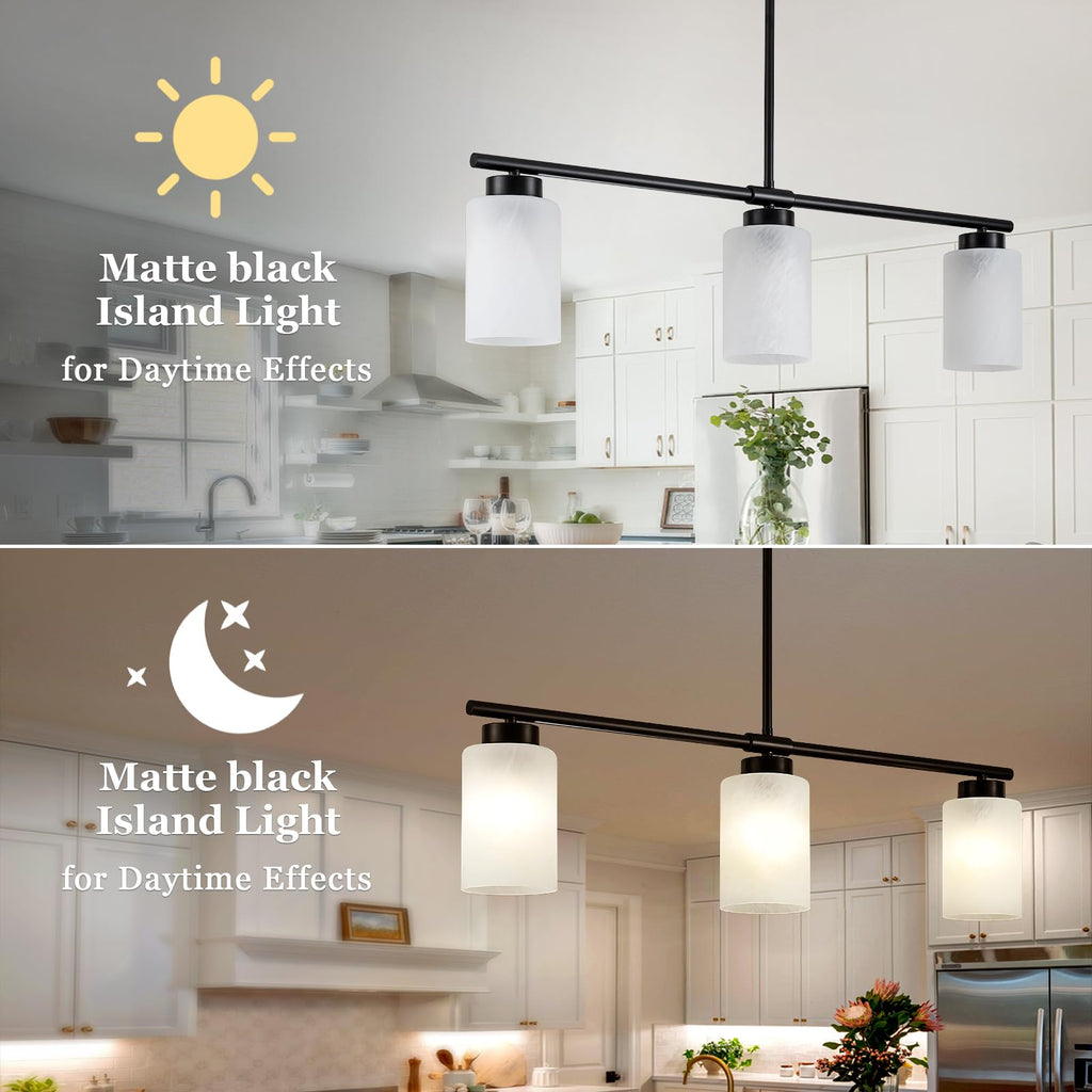 31" Kitchen Island Lighting 3 Light Black Pendant Light Island with Milk Glass Shade Modern Linear Chandelier