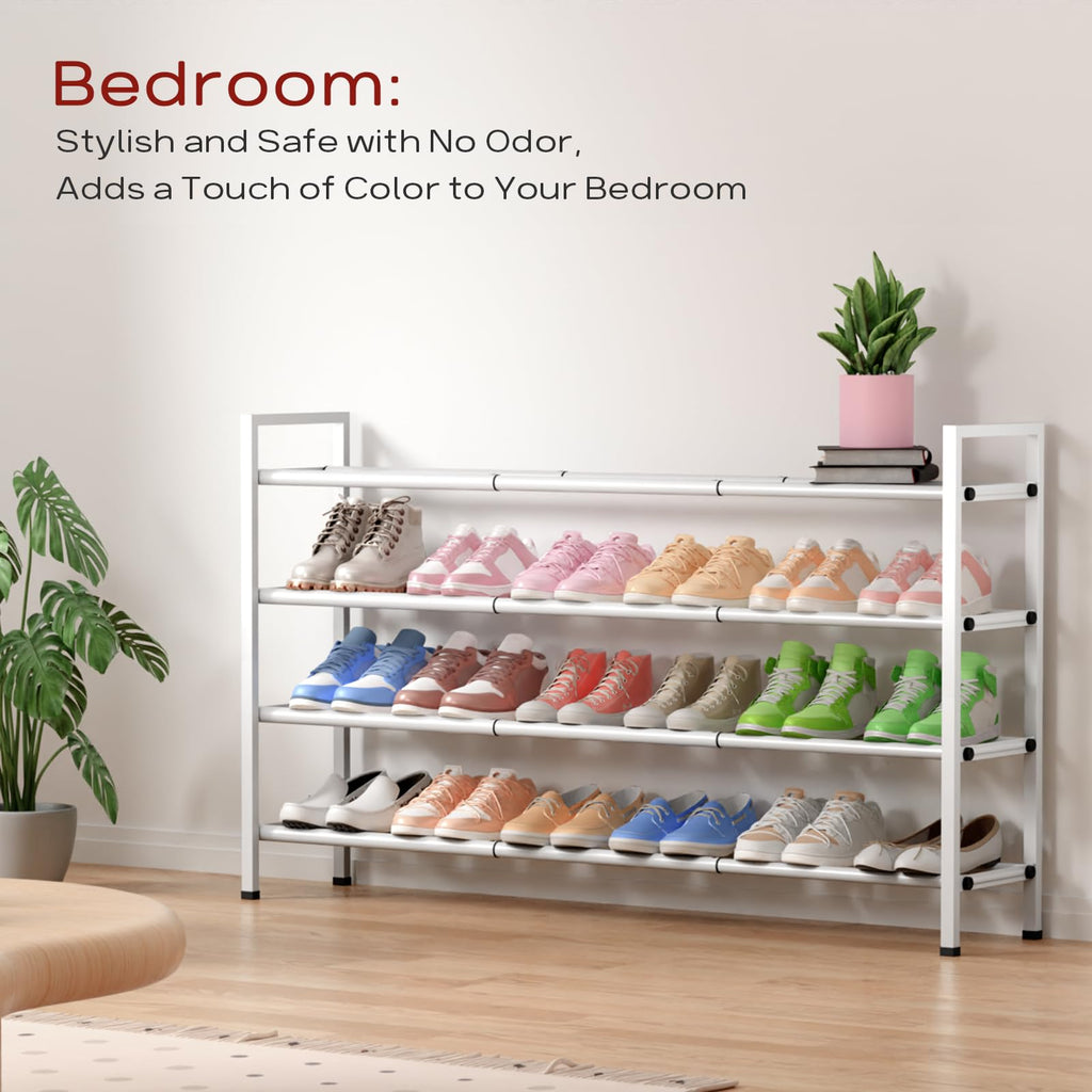 4 Tier Long Expandable Shoe Rack for Closet, White