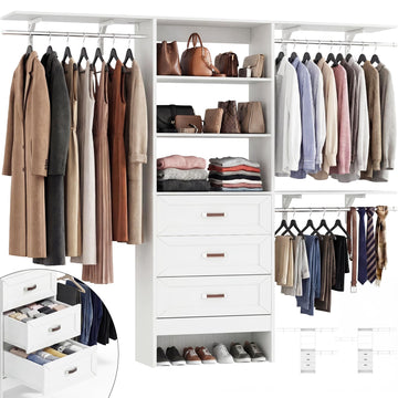 8FT Closet System with 3 Curved Drawers, 96'' Wooden Walk-in Closet Organizer with 3 Top Shelves, Adjustable
