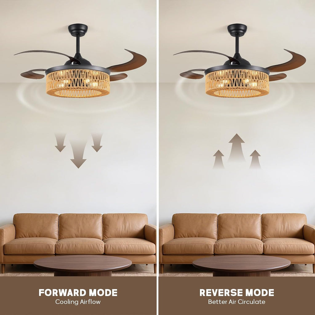 48 Inch Retractable Ceiling Fans with Lights and Remote, Boho Caged Farmhouse Ceiling Fan, Invisible Rattan Fandelier