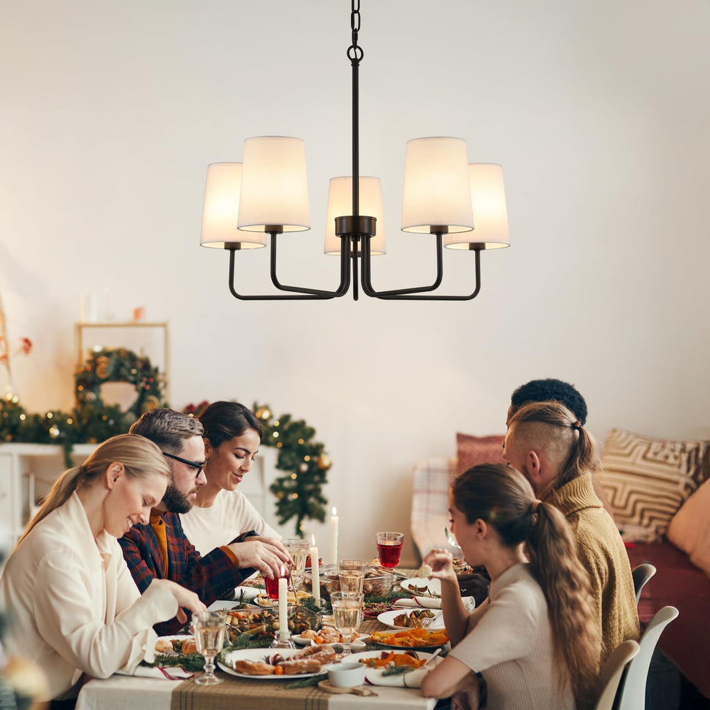 Farmhouse Chandelier, Matte Black with White Fabric Shade, Farmhouse Linear Island Lighting Fixture (5-Light Matte