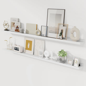 Solid Oak Wood Picture Ledge Shelf, 56 Inch, White, Set of 2