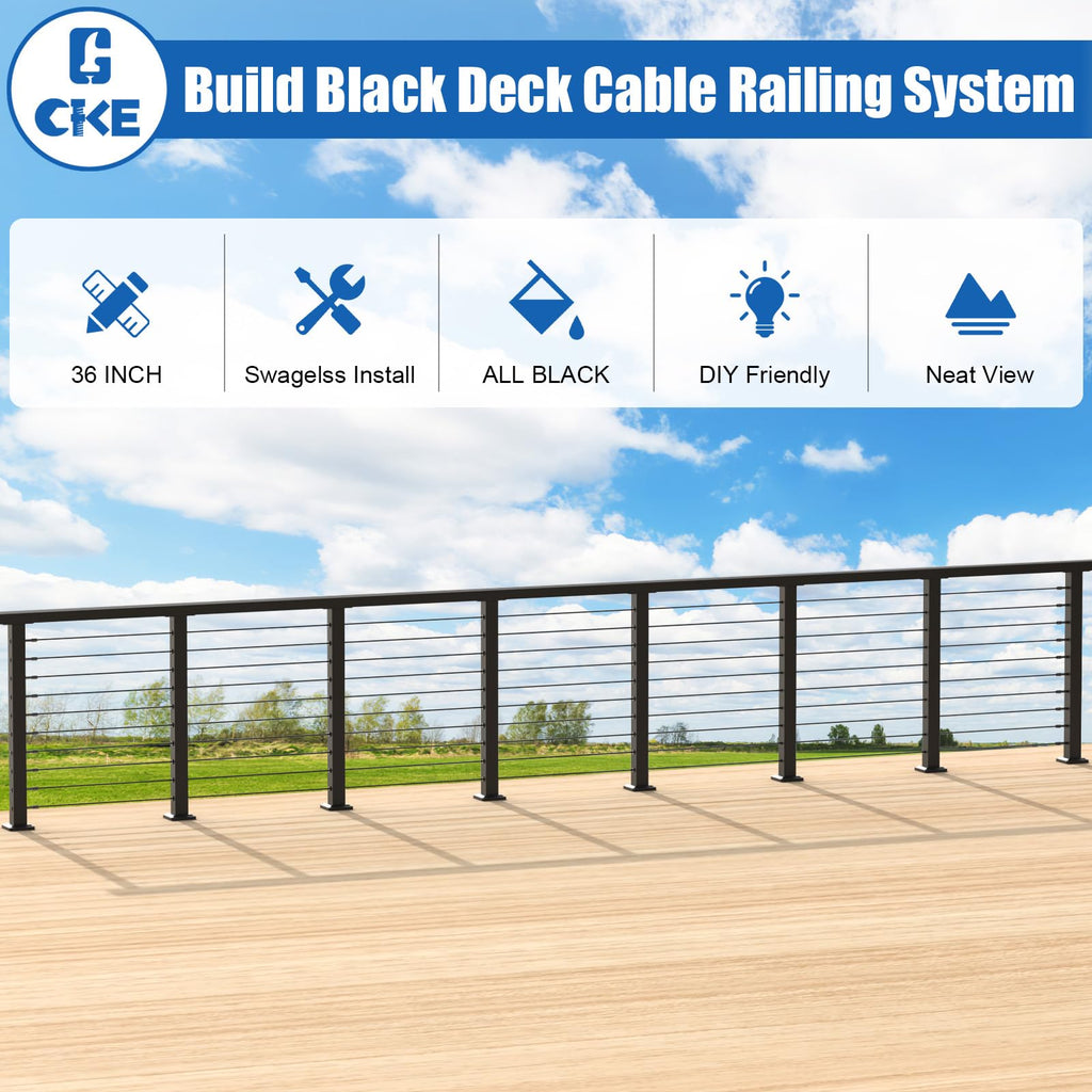 10ft-15ft Complete Set 36" Cable Railing Post Kit, 3Pack Black Level Drilled Line Posts(35"x2"x2"), Swageless Deck