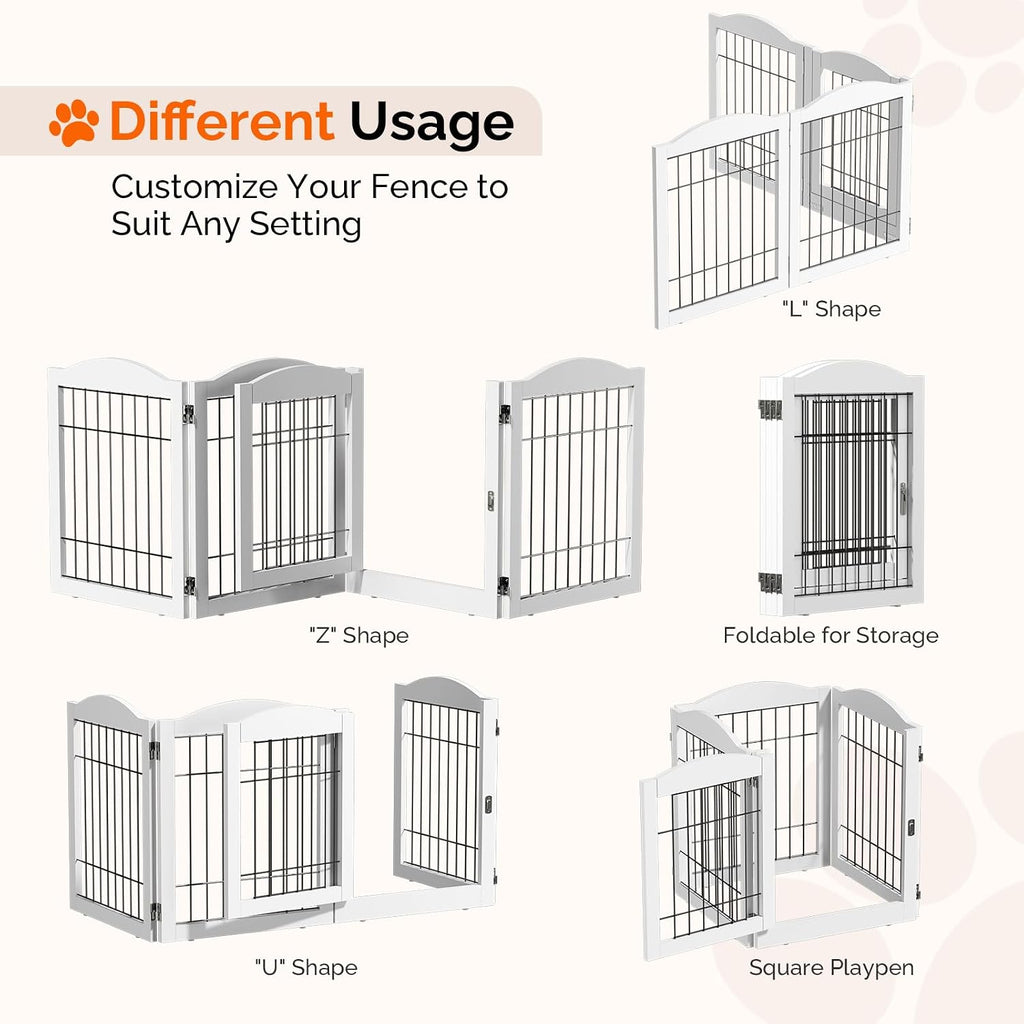 Freestanding Dog Gate, 24" H Pet Gate with 4 Panel Walk Through Door, Foldable Dog Safety Fence for Stairs Doorways
