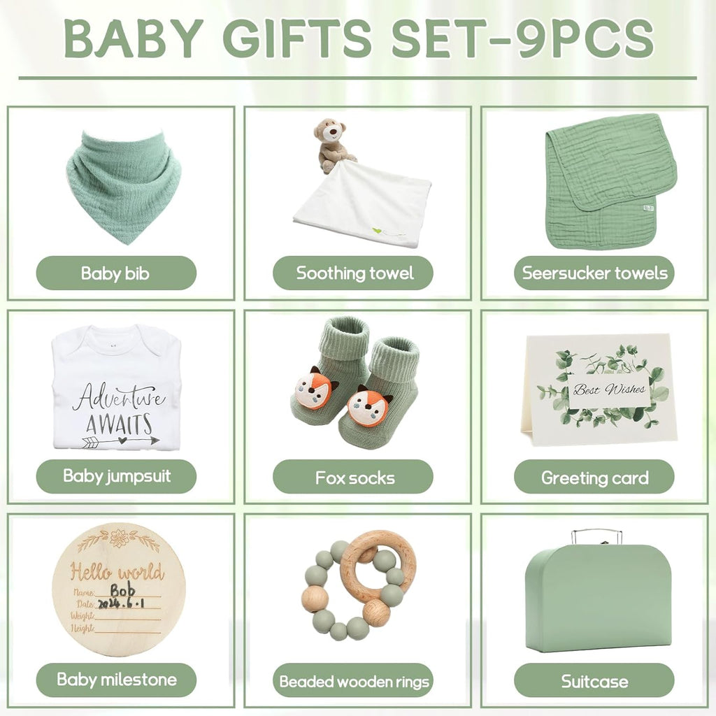 Baby Gift Set Baby Shower Gifts Basket for Newborns New Born Baby Sage Green Gift Basket with Baby Rattle Swaddle