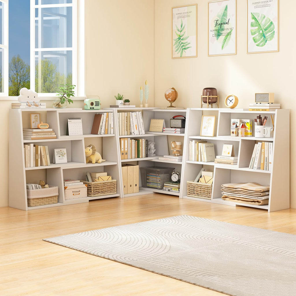Wooden Extendable Shelf Bookcase, 3-Tier Low Bookshelf, Walnut, S