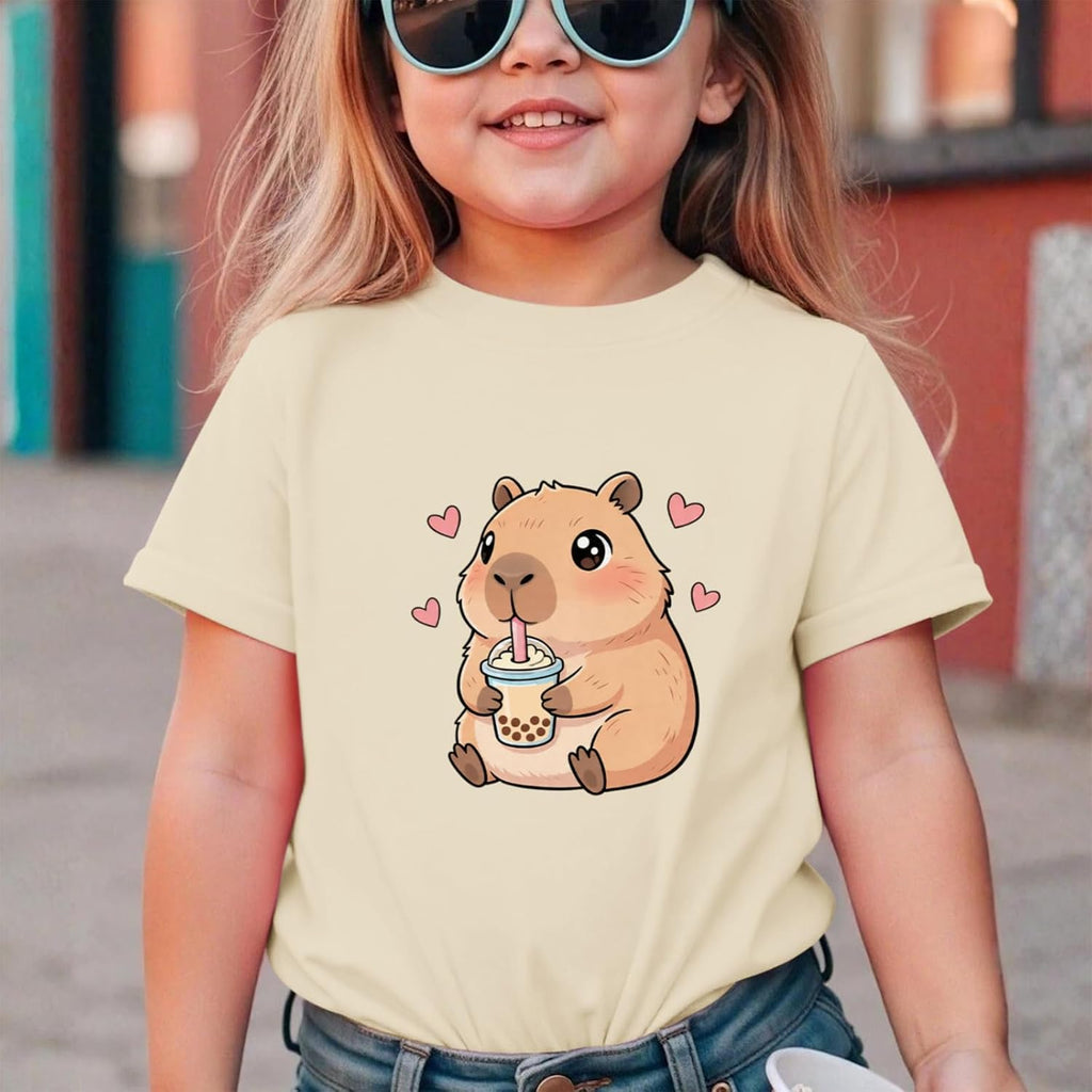Capybara Shirt for Girls Cute Graphic Tees Kids Kawaii Animal Print T Shirts Funny Cartoon Summer Cotton Tops